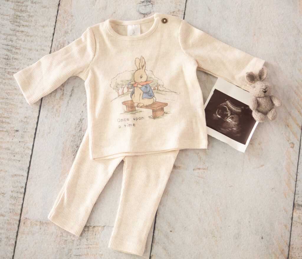 Peter Rabbit outfit for a newborn baby boy pictured side by side with the scan and a little rabbit teddy bear photographed by Los Angeles photographer Elsie Rose Photography