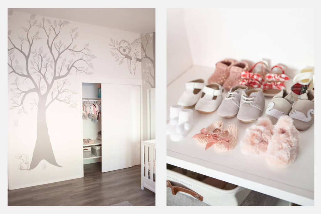 Images of nursery decorated with beautiful trees and lots of tiny shoes - Baby Furniture Los Angeles