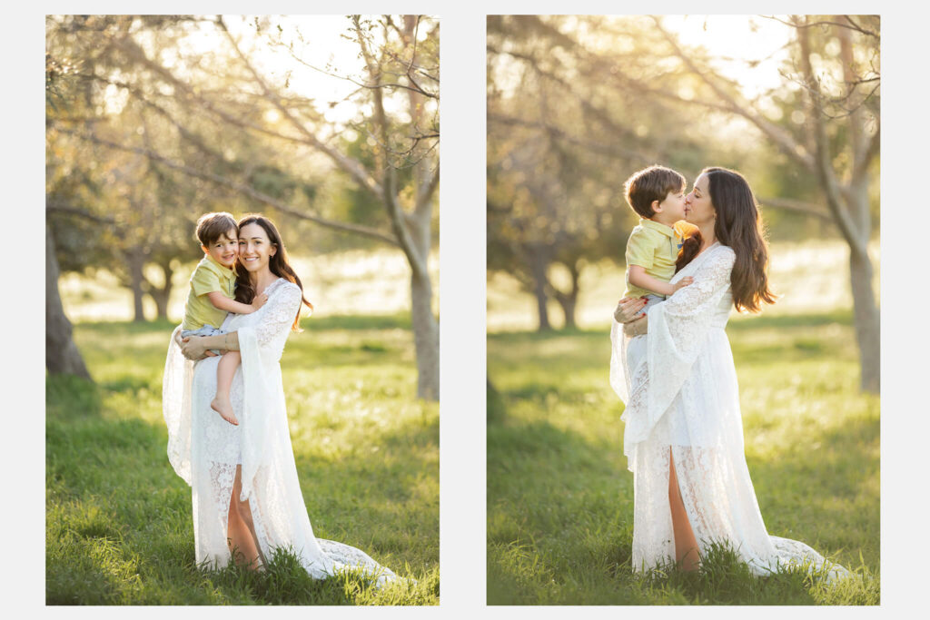 Pregnant Mom with her little son. Wearing a white lace dress at sunset in Lake Balboa Park by Elsie Rose Photography