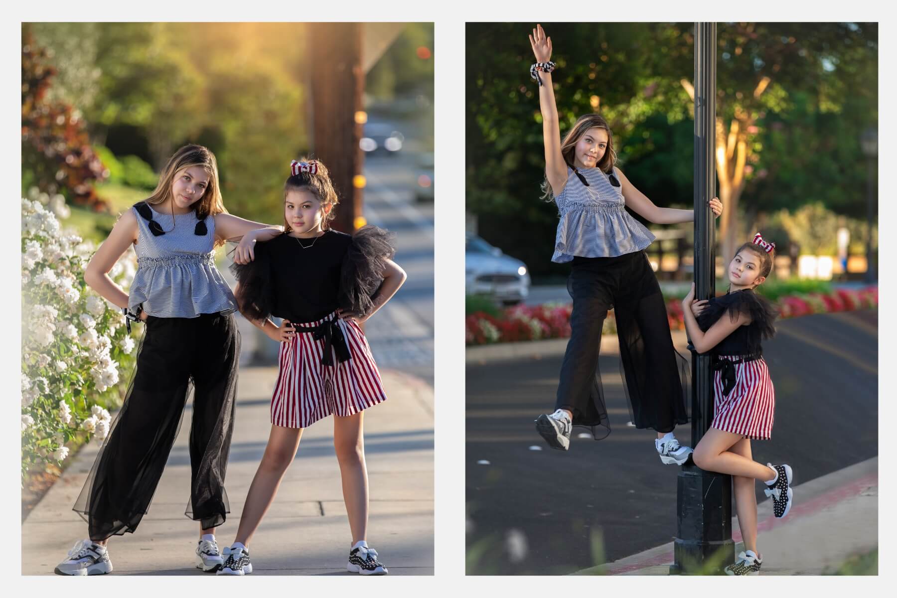 Sisters Annie and Maddie wearing high end stylish clothing by Monnalisa Beverly Hills