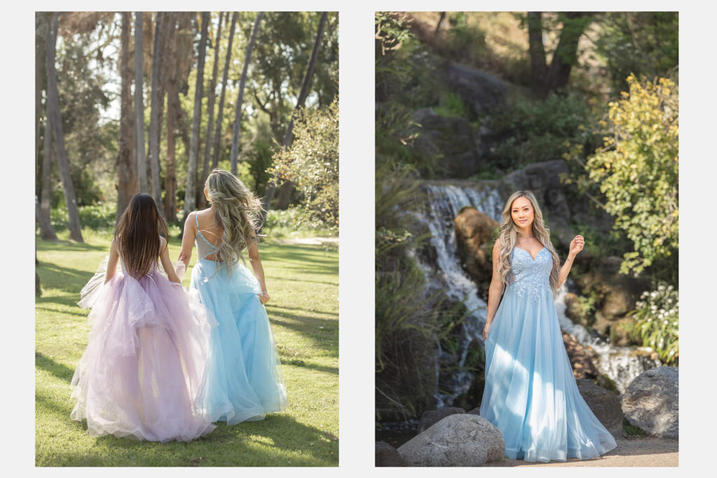 Mom and daughter in beautiful pastel blue and purple gowns photographed in Los Angeles at The Arboretum
