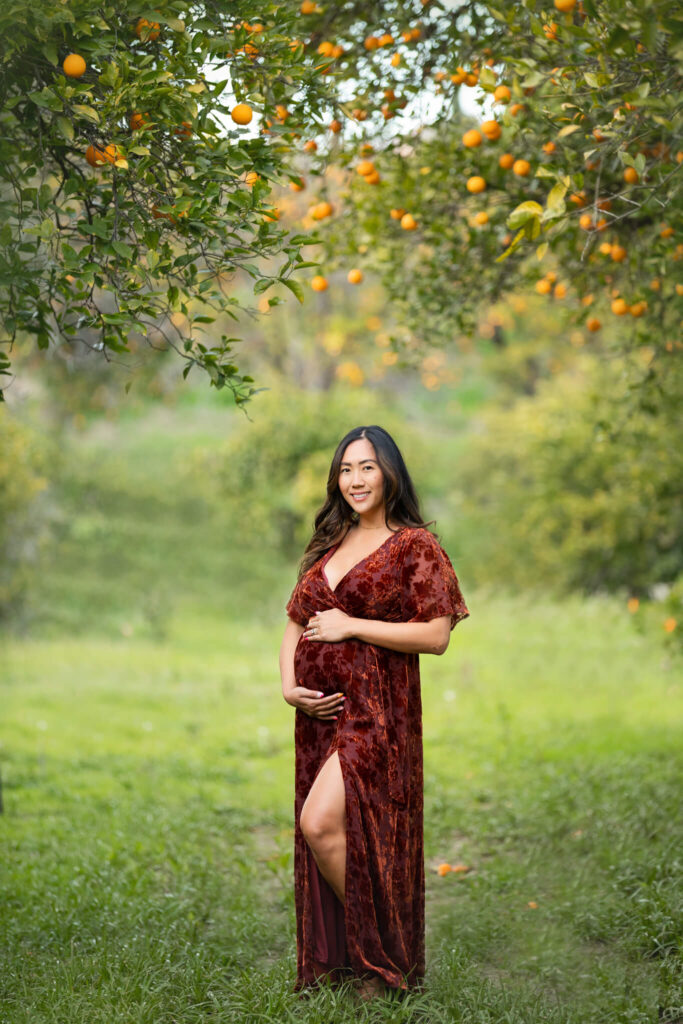 Beautiful image of mother to be in burnt orange dress standing in lots of Spring greenery with hands on baby bump - A Mother's Haven Encino